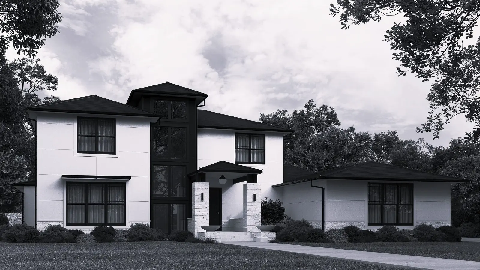 Modern two-story house with a flat roof, contrasting black and white exterior, surrounded by lush greenery.