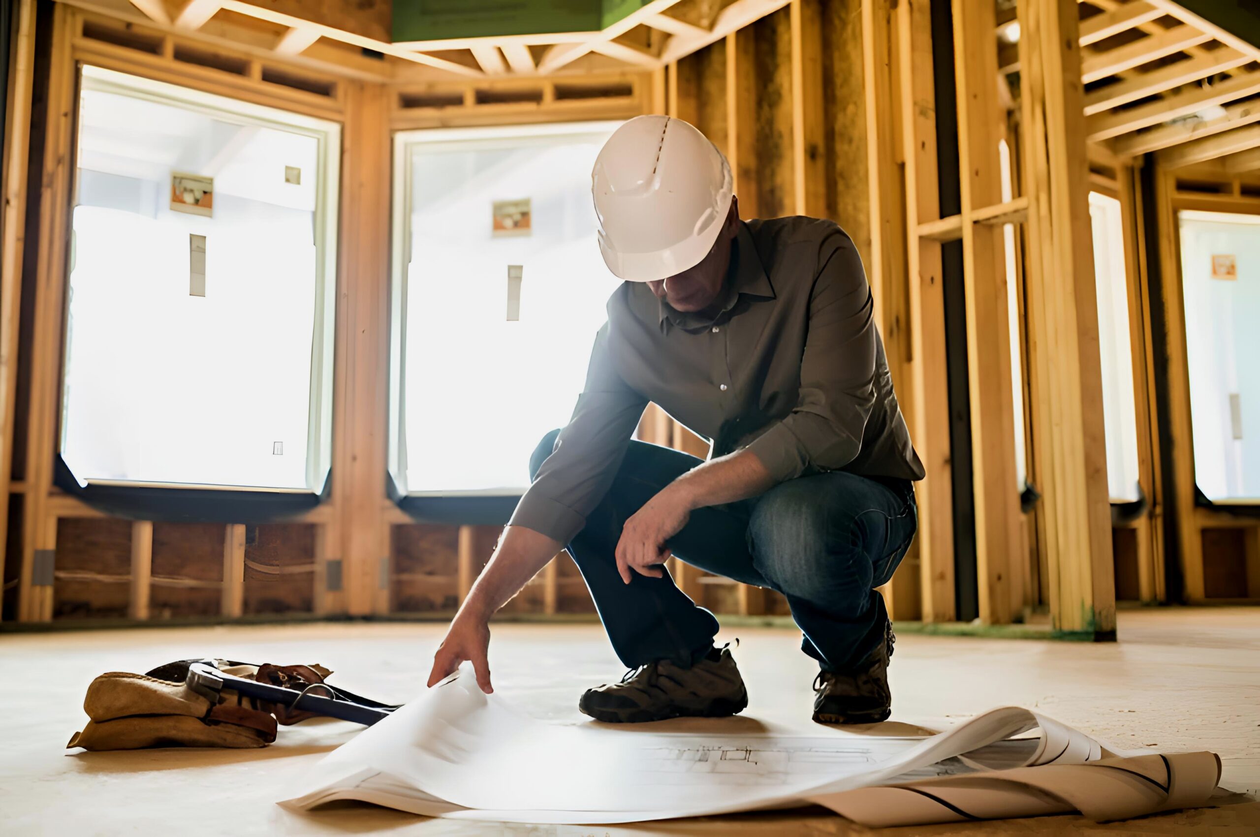 A construction worker wearing a hard hat examines blueprints inside a partially built wooden structure with large windows.