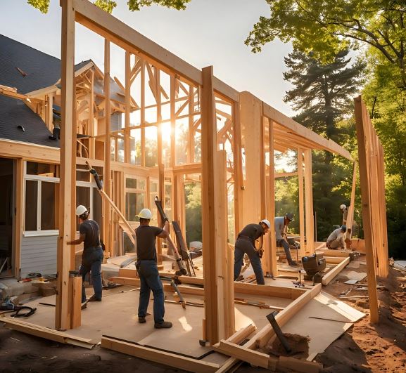 Construction workers in hard hats frame a wooden structure at a building site surrounded by trees. Sunlight filters through the beams.