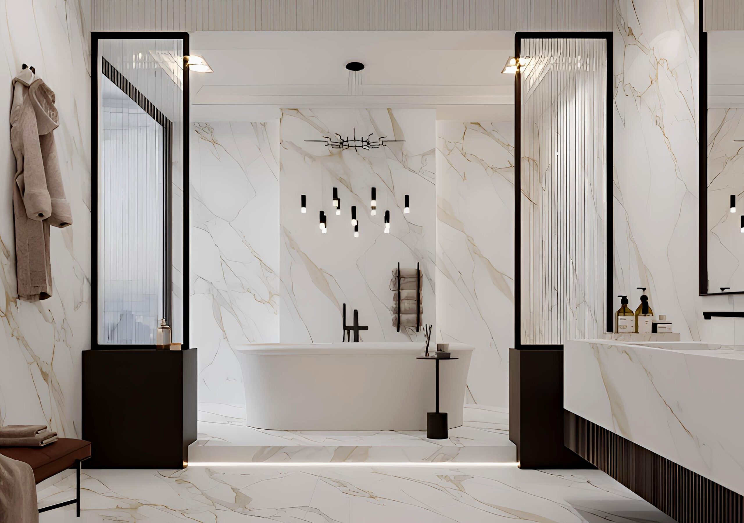 Luxury bathroom with a freestanding bathtub, marble walls and floor, modern black fixtures, and pendant lighting. Towels hang on the wall, and a robe is draped nearby.