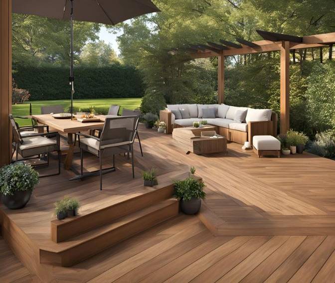 Wooden deck with outdoor seating, table, and umbrella. Steps lead to a garden area with trees and greenery.