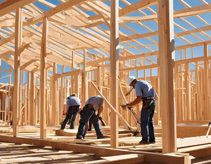 Three construction workers in hard hats are building a wooden house frame under a clear blue sky.