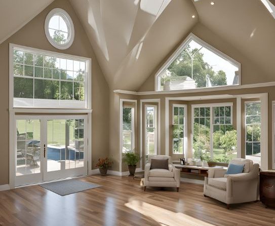 A spacious living room with high ceilings and large windows overlooking a garden. Two armchairs, a small table, and potted plants decorate the space. Natural light fills the room.