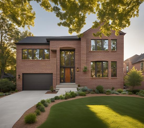 A two-story brick house with large windows, a wooden front door, and a garage. The front yard has a green lawn, landscaped with shrubs, under a tree canopy.