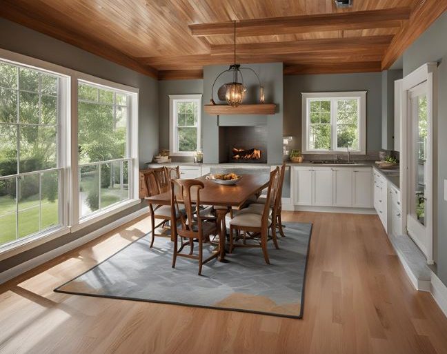 Dining room with wooden ceiling and floor, large windows, gray walls, a wooden table with six chairs, and a fireplace. Bright natural light fills the space.