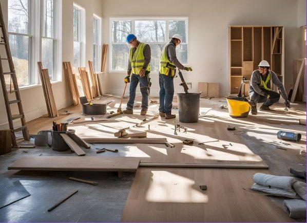 Three construction workers in safety gear work on installing wooden flooring in a well-lit room with large windows. Various tools and materials are scattered around the site.