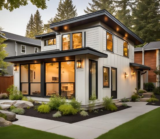 Modern two-story house with large windows, black trim, and exterior lights. Surrounded by greenery and a sidewalk, with trees in the background.